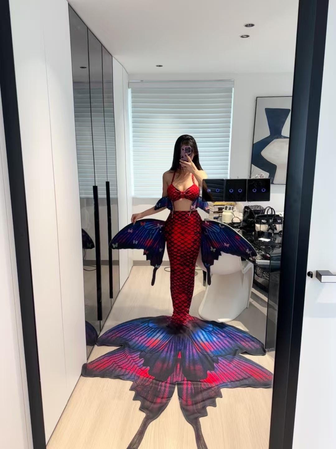 Handmade red blue butterfly Mermaid Tail  cosplay photography costume, diving costume, gift for her，gift for girlfriend's birthday