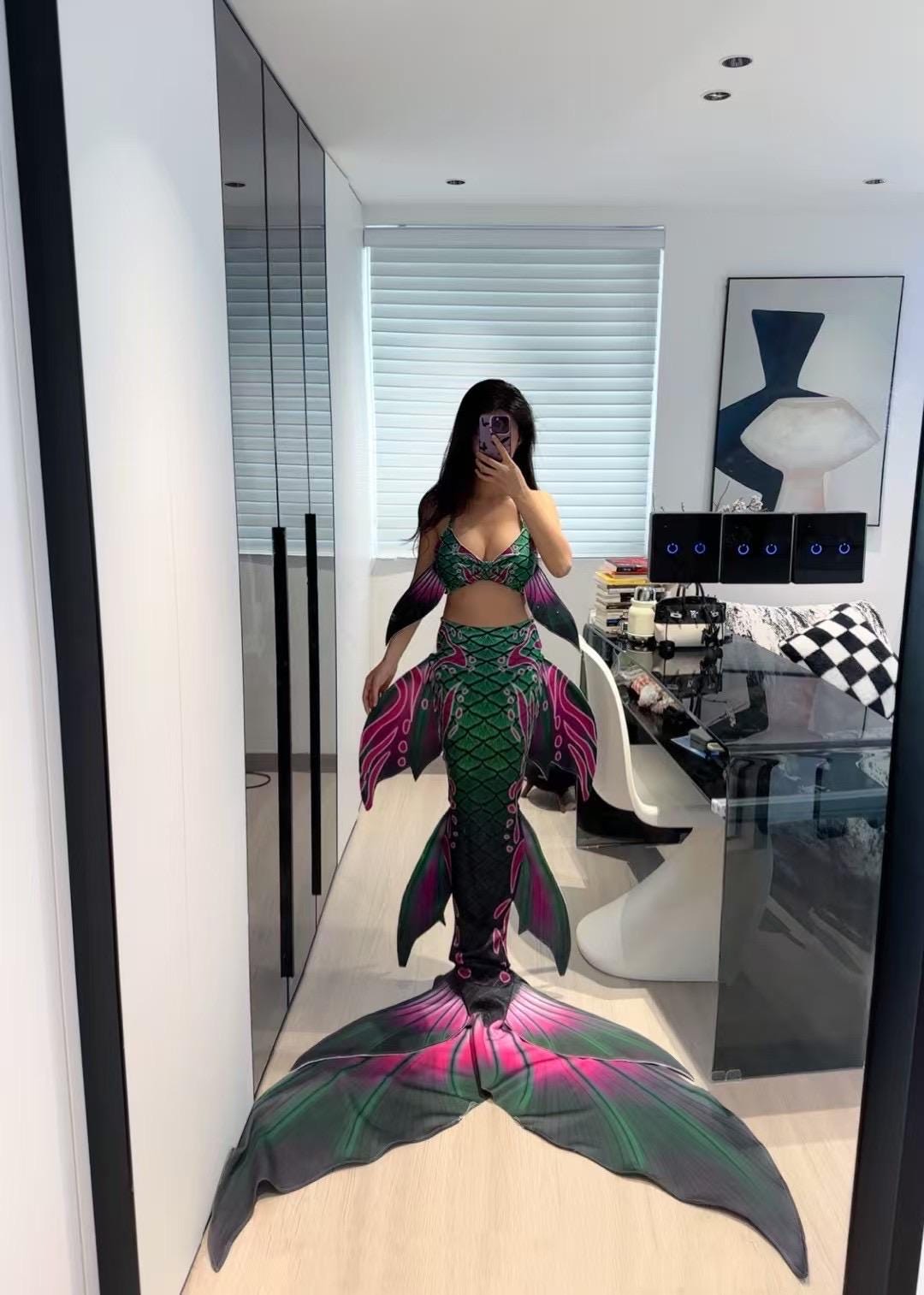Handmade green pink Mermaid Tail  cosplay photography costume, diving costume, gift for her，gift for girlfriend's birthday
