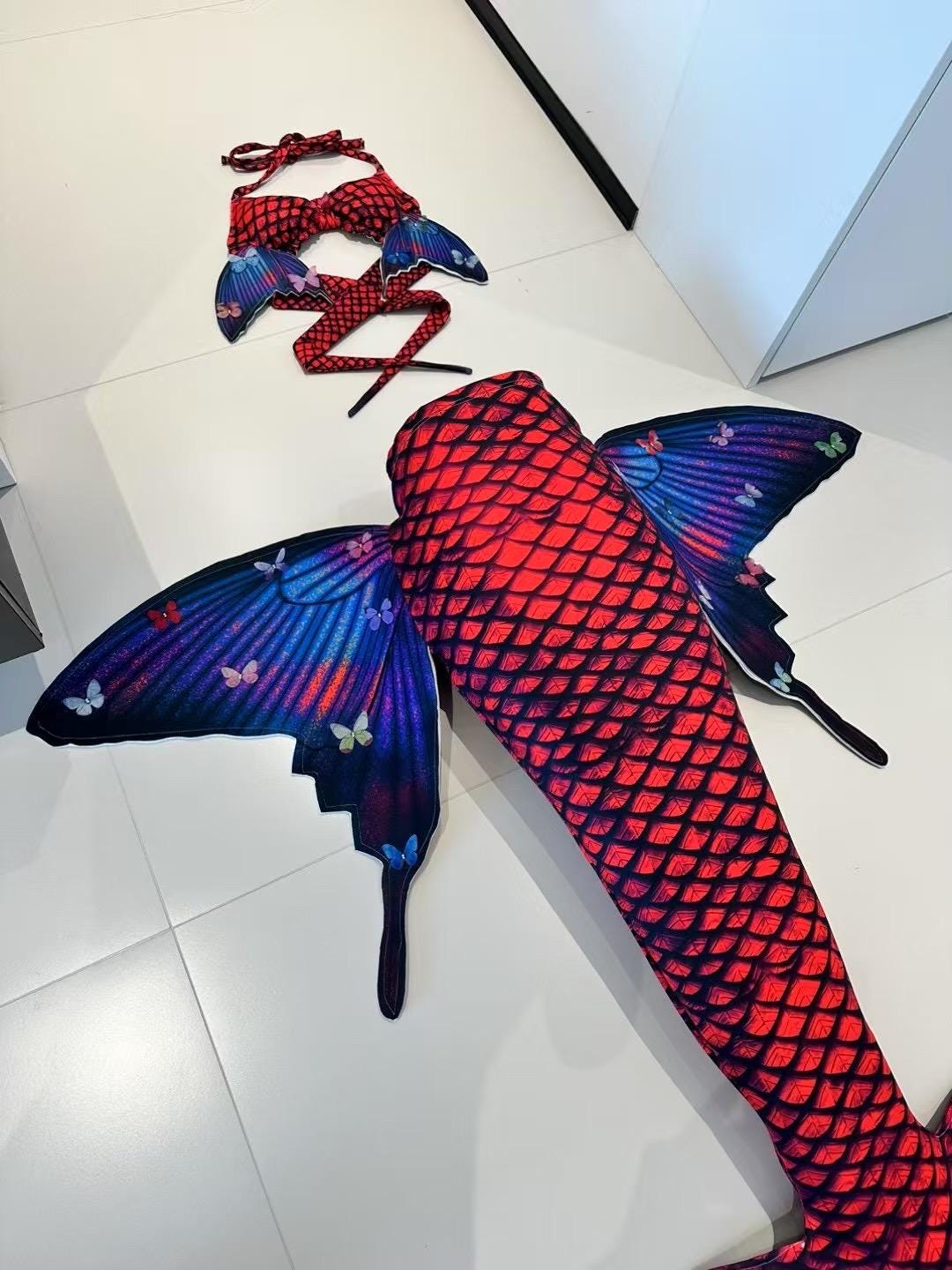 Handmade red blue butterfly Mermaid Tail  cosplay photography costume, diving costume, gift for her，gift for girlfriend's birthday