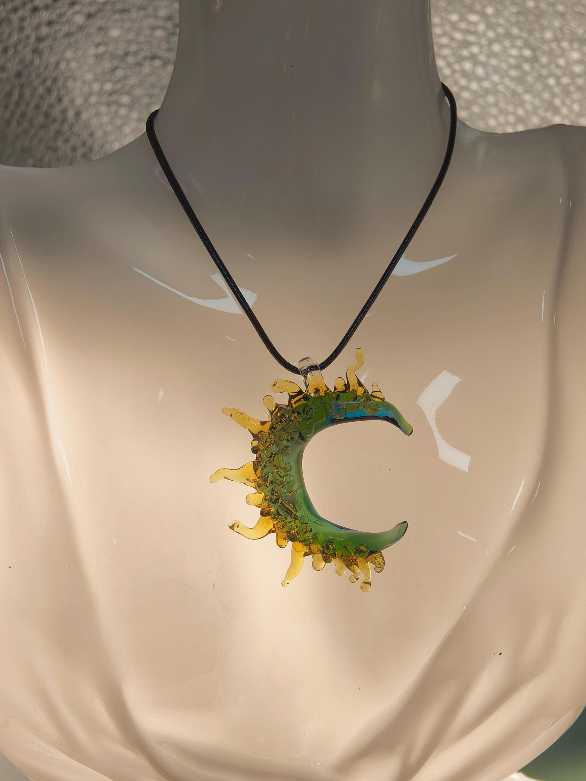 Glass Moon River Pendant, Blue Glass Water Moon Necklace, Handmade Glass Crescent New Moon Necklace, Luna Selene Lunar Moon Goddess Necklace