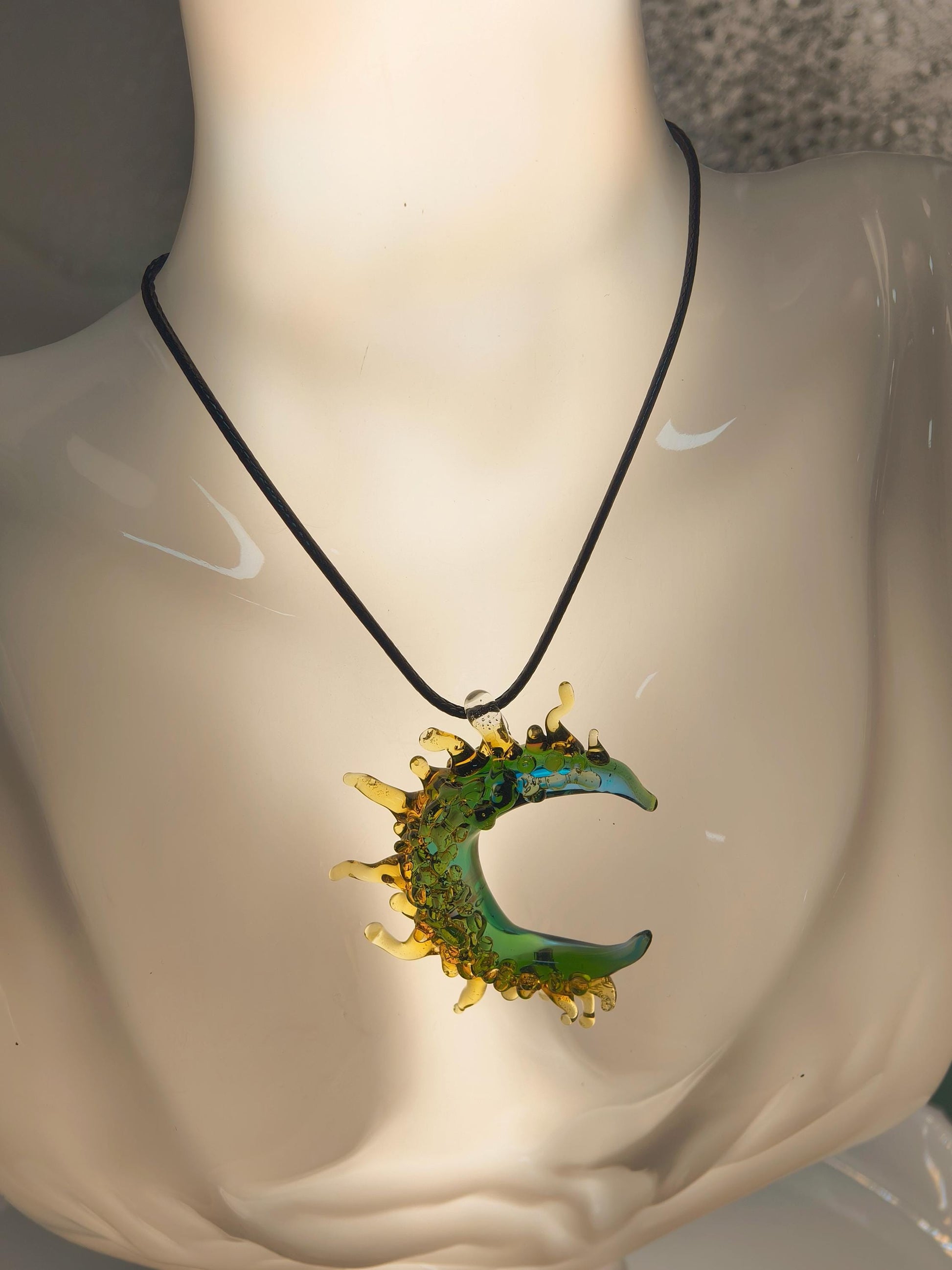 Glass Moon River Pendant, Blue Glass Water Moon Necklace, Handmade Glass Crescent New Moon Necklace, Luna Selene Lunar Moon Goddess Necklace