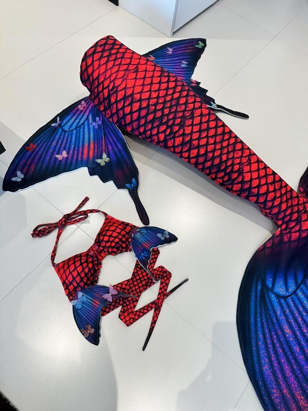 Handmade red blue butterfly Mermaid Tail  cosplay photography costume, diving costume, gift for her，gift for girlfriend's birthday
