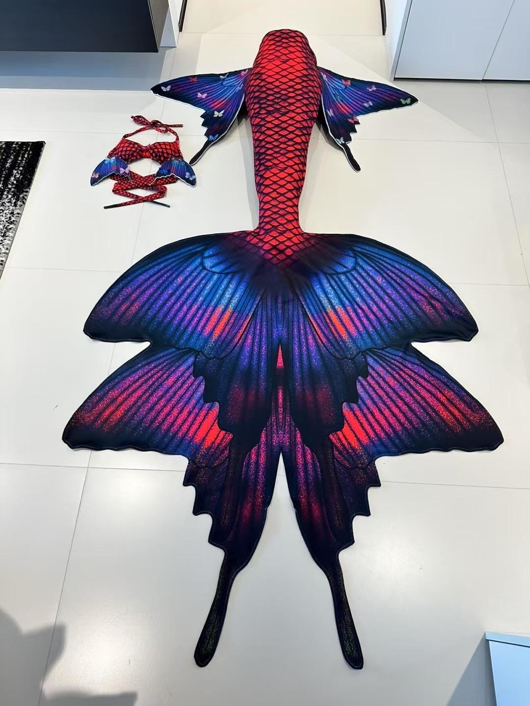Handmade red blue butterfly Mermaid Tail  cosplay photography costume, diving costume, gift for her，gift for girlfriend's birthday